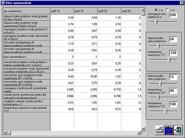 Przykadowa tabela doboru wymiennikw